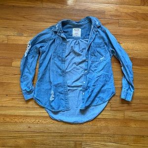 Distressed Button Down Jean Boyfriend Fit Top